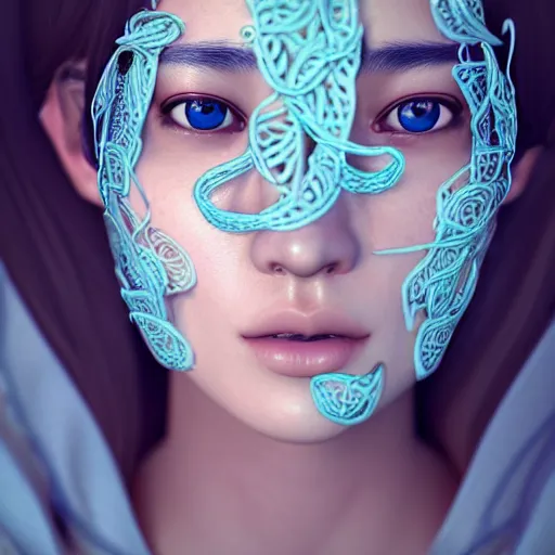 Image similar to intricate highly detailed face portrait of asian - european woman, light blue chrome vines on her face, intricate, cgsociety, unreal engine, octane render, sharp focus, smooth, volumetric lighting, cinematic composition, artstation