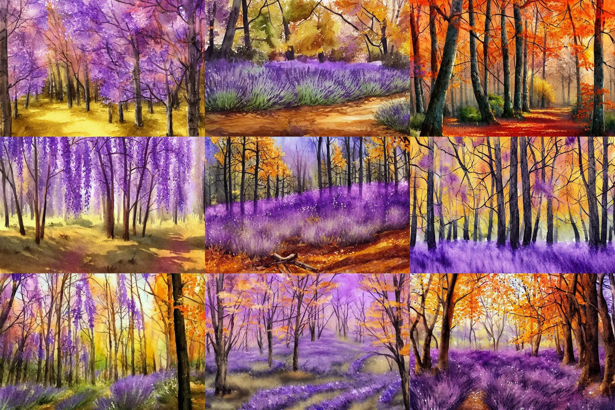 Prompt: Lavender autumn forest, high quality watercolors, award winning, trending on ArtStation