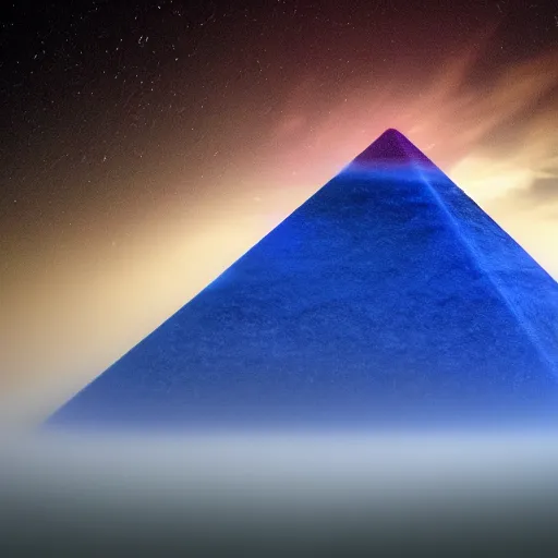 Image similar to big pyramid with blue glow lights and fog in background, cinematic looking, drama, scary