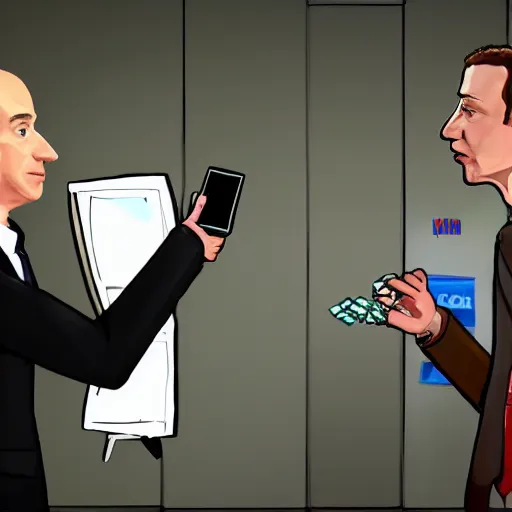 Prompt: a picture of Mark Zuckerberg stealing money from Jeff Bezos in the style of GTA V