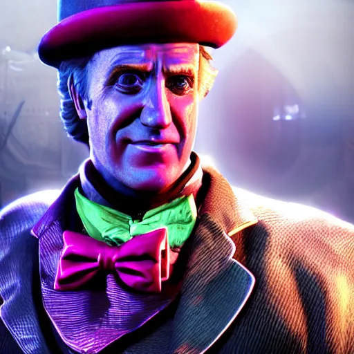 Prompt: willy wonka in gears of war, splash art, movie still, detailed face, photorealistic facial features, cinematic lighting, dramatic, octane render, long lens, shallow depth of field, bokeh, anamorphic lens flare, 8 k, hyper detailed, 3 5 mm film grain