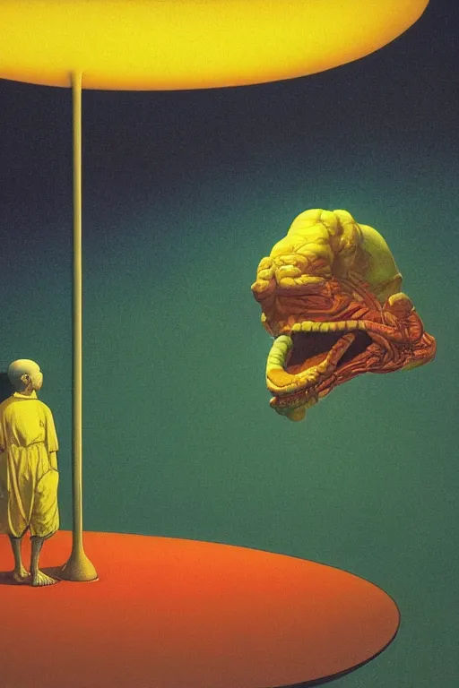 Image similar to man licks a tab of LSD acid on his tongue and experiences psychedelic hallucinations, by kawase hasui, moebius, Edward Hopper and James Gilleard, Zdzislaw Beksinski, Steven Outram colorful flat surreal design, hd, 8k, artstation