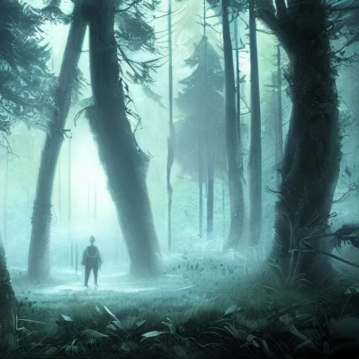 Image similar to a lost boy in the woods, horror, eldritch, unreal engine, dramatic lighting, digital art, mist, digital illustration, detailed environment, fantasy