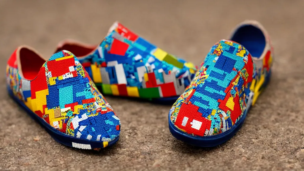 Image similar to sneaker made out of lego, kalamkari