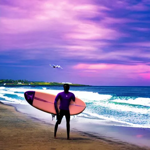 Prompt: teenage surfer standing at the beach. Purple sky with fluffy clouds and an airplane In the background-n6