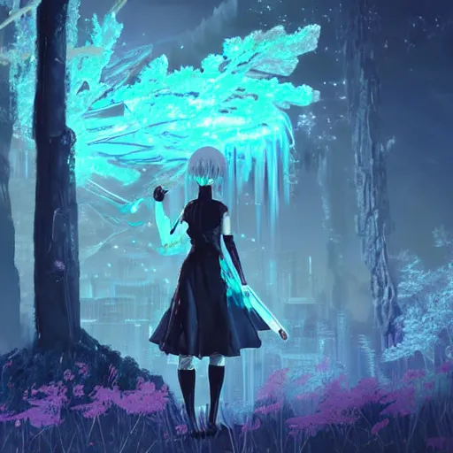 Image similar to scenery artwork, scene luminous, bioluminescent acrylic and cold nier automata pixiv scenery artwork : nature dream wire vegetation magic density infinite, macro seminal dream points of icy, frozen vaporwave shards tempted to turn into a dream scenery, high quality topical render, nier automata, concept art