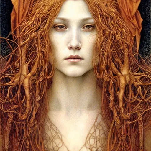 Image similar to detailed realistic beautiful young medieval queen face portrait by jean delville and marco mazzoni, art nouveau, symbolist, visionary, gothic, pre - raphaelite