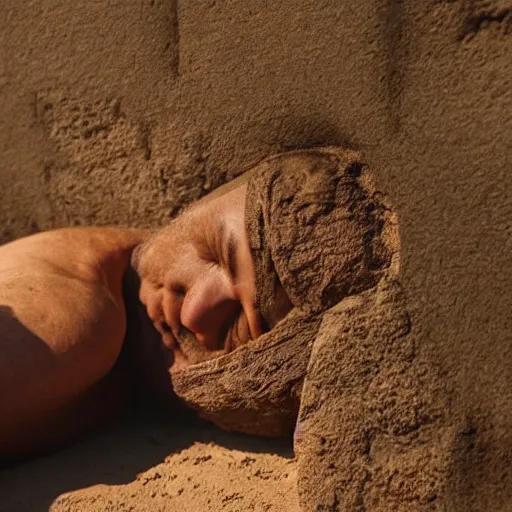 Prompt: close - up of a priest sleeping in a large clay pot, foggy, sun rays, cinematic shot, photo still from movie by denis villeneuve