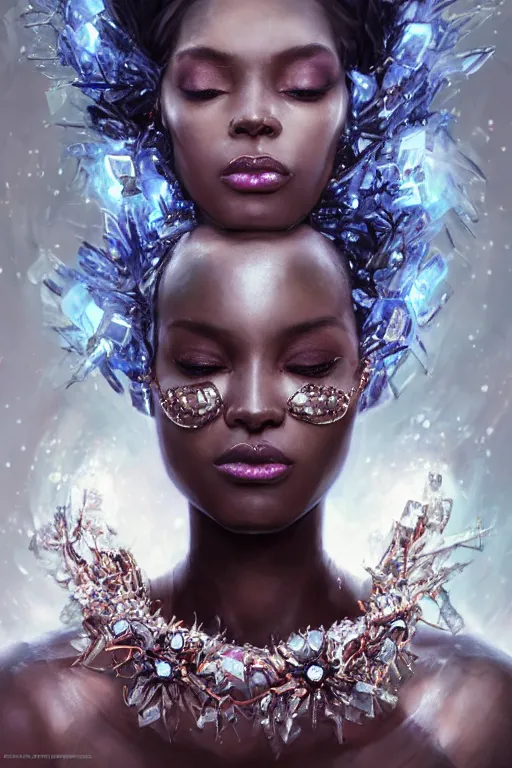 Prompt: beautiful black model wearing crystal crown full of jewels, cyberpunk, 3 d render, hyper realistic detailed portrait, holding ice flowers, scifi, fantasy, hyper detailed, octane render, concept art, peter mohrbacher, artgerm, ruan jia, wlop