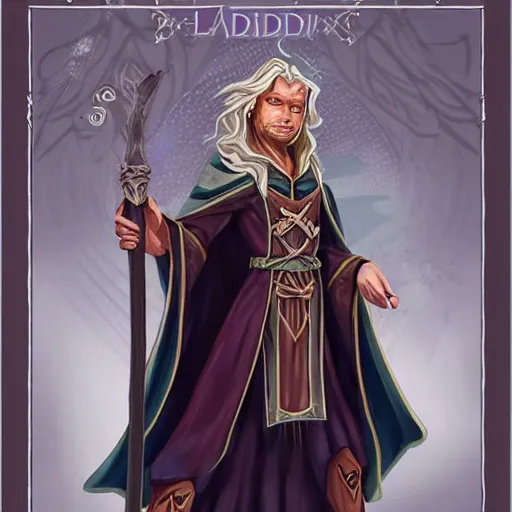 Image similar to Eladrin wizard in robes with wand, D&D character art, high quality