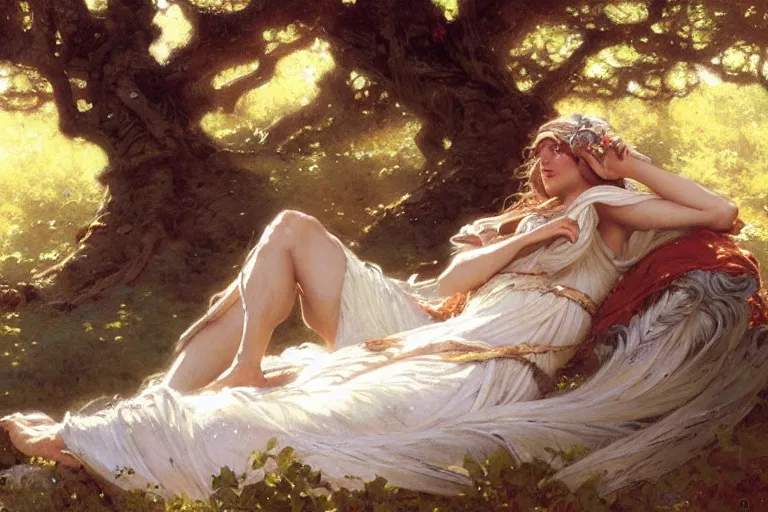 Prompt: a tired warrior relaxing under a huge tree with white flowers, fantasy, painting by gaston bussiere, craig mullins, j. c. leyendecker, trending on artstation