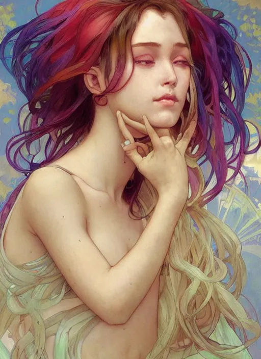 Image similar to a young woman with beautiful rainbow hair. she looks very sad, crying. beautiful painting by artgerm and greg rutkowski and alphonse mucha