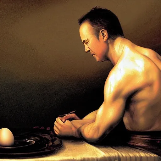 Prompt: a boiled egg with the shell peeling off revealing edward norton's face, highly detailed, dramatic lighting, concept art by caravaggio and greg rutkowski and artgerm