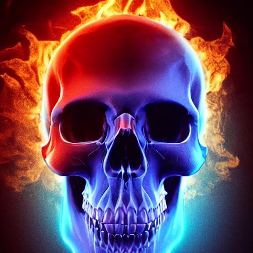 Image similar to a highly detailed human skull with intricate designs with fire for eyes on fire in front of a neon blue background, 3 d, colorful, octane render, symmetrical, hyper realism, highly detailed, digital art, artstation, concept art, cinematic lighting, strong bokeh, trending