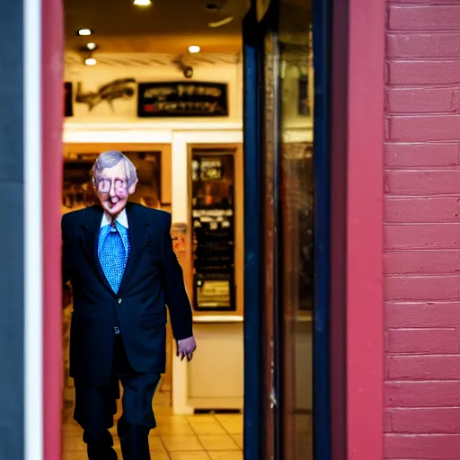 Prompt: photograph portrait of Mitch McConnell entering a pizza shop, sigma 85mm f/1.4, 4k, depth of field, high resolution, 4k, 8k, hd, full color