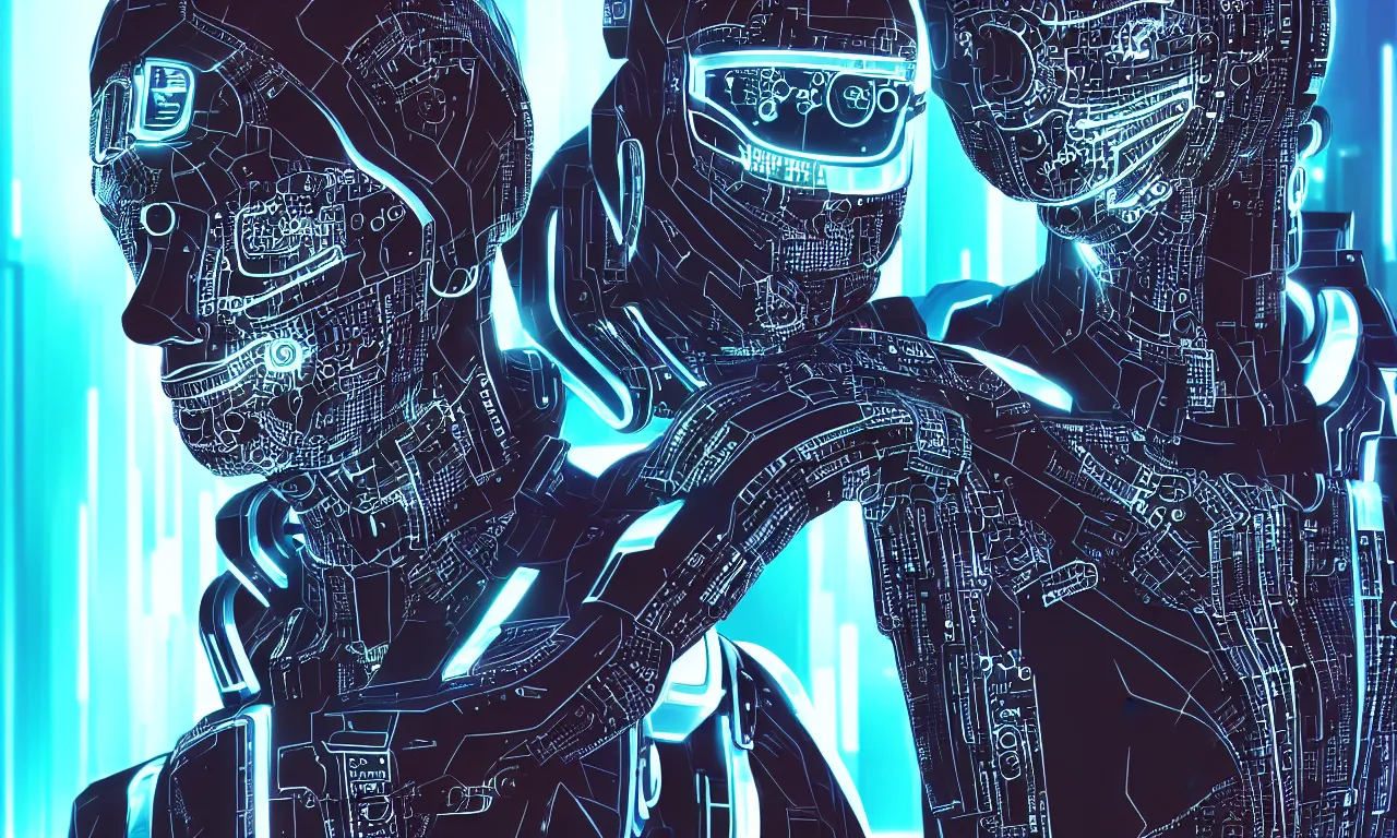 Prompt: portrait of a slick futuristic cyborg with lcd screen skin. hyper realistic. cyberpunk background. intricate details