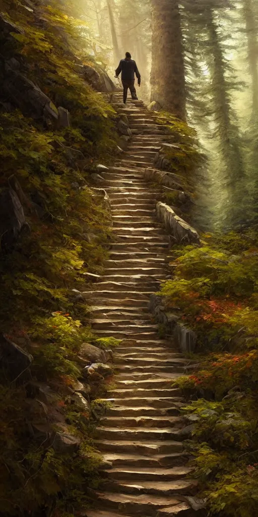 Image similar to a man walking up a steep and impossible staircase, in beautiful woods, intricate, elegant, highly detailed, oil painting, artstation, concept art, sharp focus, beautiful illustration, cgsociety, by justin gerard and artgerm, 4 k