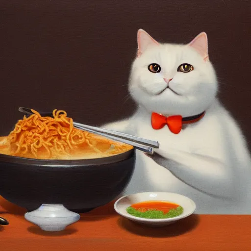 Image similar to Fat, cute orange cat in a suit eating ramen, busy restaurant, close up, ukyio-e, painting by Koson Ohara, details, 4K, 8K