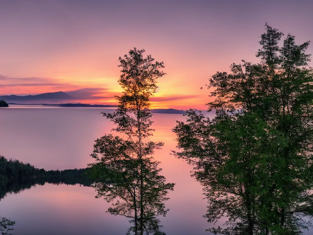 Image similar to a calm, soothing and cozy landscape, sunset, lake