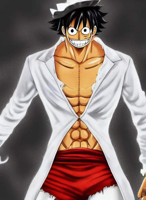 Prompt: a professional render of luffy wearing a white suit, concept art, sharp detail, smooth render, trending on ArtStation