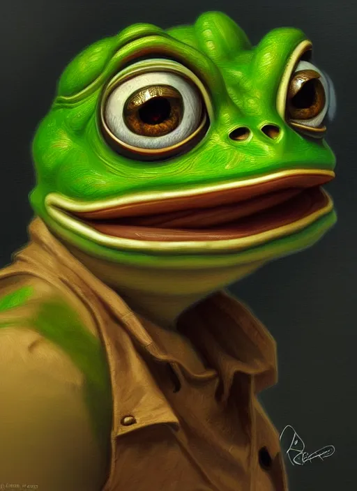 Prompt: pepe the frog, portrait, intricate, sad, highly detailed, digital painting, artstation, concept art, wallpaper, smooth, sharp focus, illustration, art by artgerm and greg rutkowski and alphonse mucha