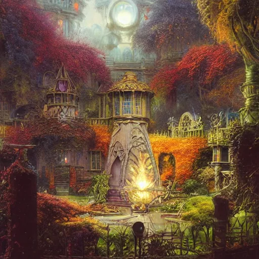 Image similar to garden lightning autumn rich ornate cryengine render fantasy cinematic by m. c. escher, john berkey, artgerm, stephen gammell, justin gerard, james jean, james christensen, moebius