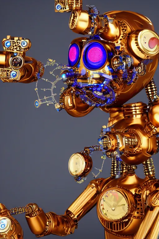 Prompt: photo of a smiling golden and blue metal steampunk robothead covered with multicolored tubes and gears, eyes are glowing red lightbulbs, arms are music instruments, shiny crisp finish, 3 d render, 8 k, insaneley detailed, fluorescent colors, background is holographic patterns