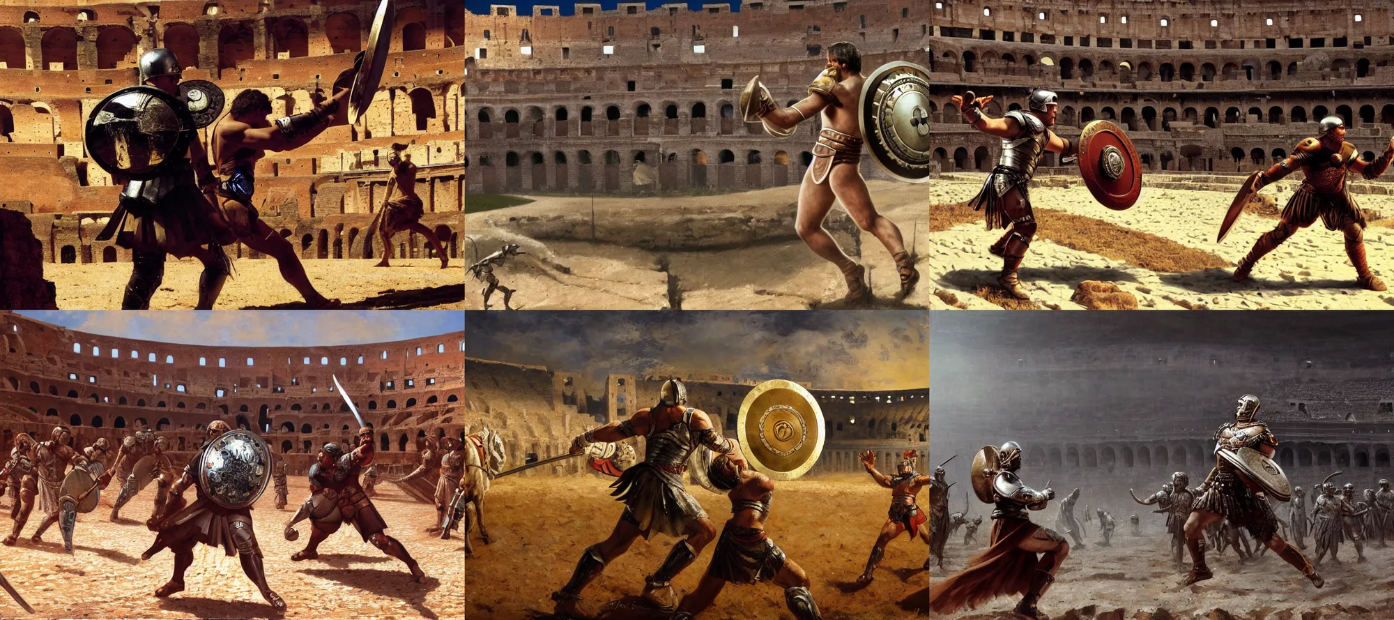 Prompt: incredible screenshot, roman gladiator holding a reflective silver circle shield defensive fighting in a sandy arena, tiger attack,in the Colosseum, dynamic camera angle, deep 3 point perspective, fish eye, dynamic scene, by phil hale, ashley wood, geoff darrow, james jean, craig mullins, Jean-Leon Gerome, 8k, hd, high resolution print