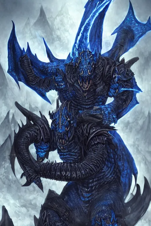 Prompt: a dark blue dragonborn with large tusks, half of his face flaming with blue flame, he wears a black dragon scales armor