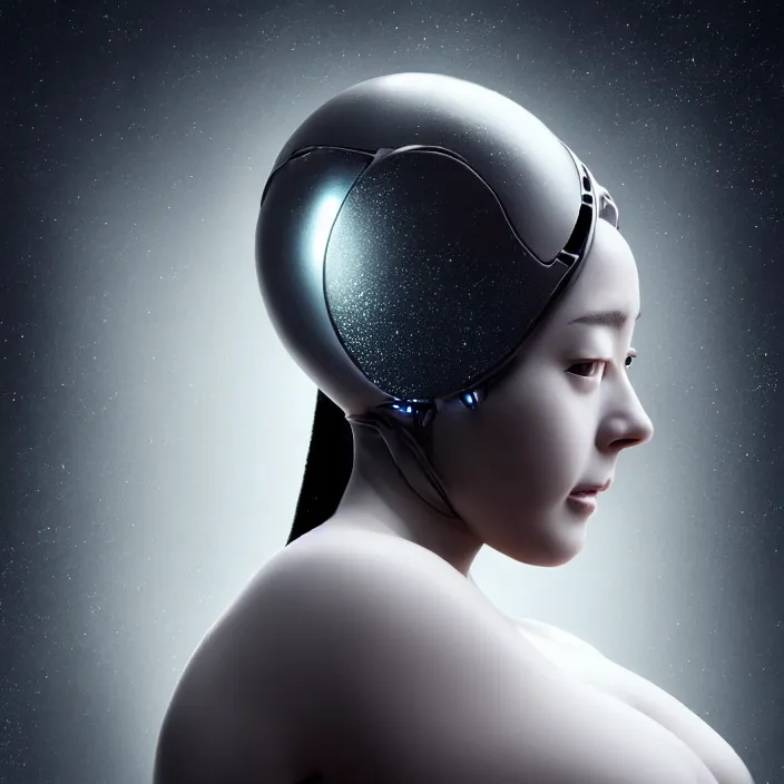 Image similar to cinematic portrait of woman from left, head and clothed chest only, exotic alien features, robotic enhancements, desaturated, in the style of studio ghibli