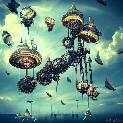 Image similar to flying city in a mechanical flower flower, sky, steampunk!!!, fantasy art, steampunk, masterpiece