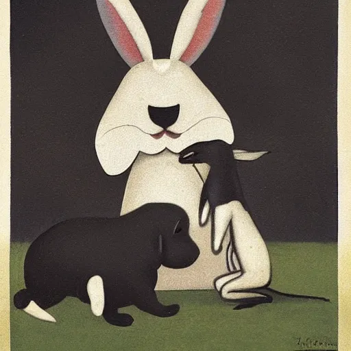 Prompt: A beautiful experimental art of a large black dog with teeth bared, looming over a small white rabbit. The rabbit looks terrified, and the dog seems ready to attack. hygge by Gustave Buchet precise