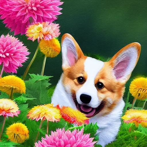 Prompt: adorable happy corgi puppy in a field of dahlias, beautiful digital painting