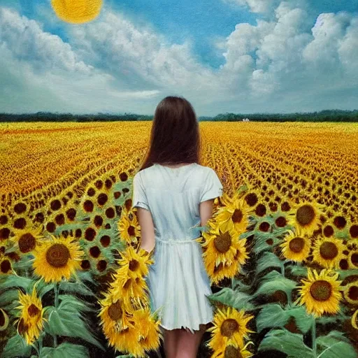 Prompt: a girl slowly walking through amazing tall sunflower field, hair flowing, early morning lightning, bad weather approaching, elegant, subtle, intricate details, real masterpiece, oil on canvas, by somsak anong