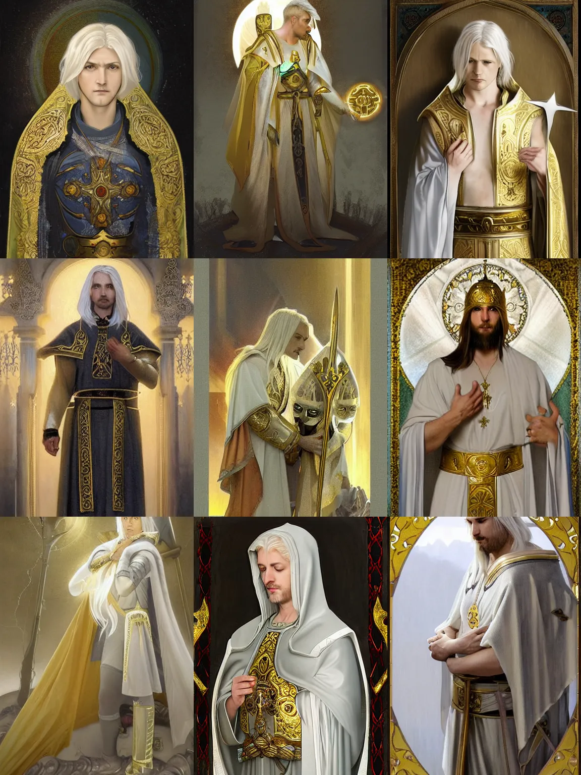Prompt: calm and pious male aasimar paladin with no bear and halo above head, medium length platinum blonde hair, wearing white slate grey and gold vestments healing a wounded man with holy magic, pensive expression, highly detailed, cinematic lighting, illustration, painterly, art by Krenz Cushart and Artem Demura and alphonse mucha, intricate, masterpiece, fantasy, halo of light, d&d