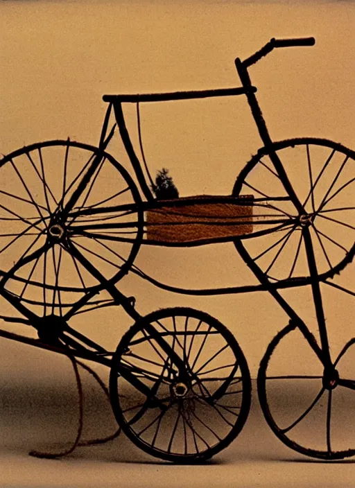 Image similar to realistic photo of a a medieval ritual astronomy appliance bicycle, made of wood white clay and fur with black wires 1 9 9 0, life magazine reportage photo, natural colors, metropolitan museum collection