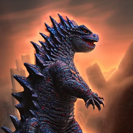 Image similar to photorealistic cute godzilla. hyperdetailed photorealism, 1 0 8 megapixels, amazing depth, glowing rich colors, powerful imagery, psychedelic overtones, 3 d finalrender, 3 d shading, cinematic lighting, artstation concept art