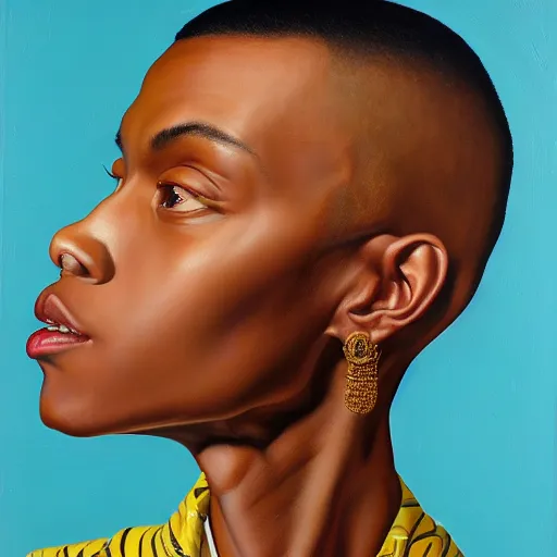 Image similar to A portrait of a skinny stylish and attractive non-binary person, oil painting by Kehinde Wiley, majestic, detailed, high resolution