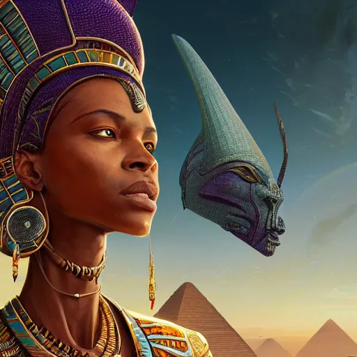 Image similar to highly detailed portrait of an african egyptian goddess, intricate alien technology, stephen bliss, unreal engine, fantasy art by greg rutkowski, loish, rhads, ferdinand knab, makoto shinkai and lois van baarle, ilya kuvshinov, rossdraws, tom bagshaw, global illumination, radiant light, detailed and intricate environment