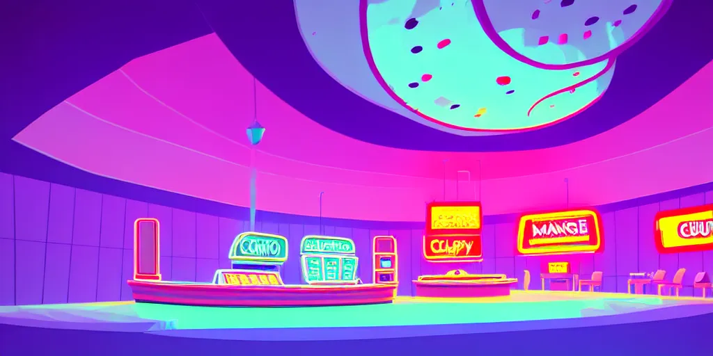 Prompt: minimalistic angle curved perspective digital art of sss chubby cotton candy indoor casino with a stage by anton fadeev from nightmare before christmas