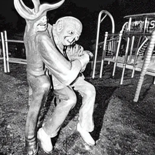 Image similar to a scary demon hugging robert johnson at a mcdonald's playground, photograph