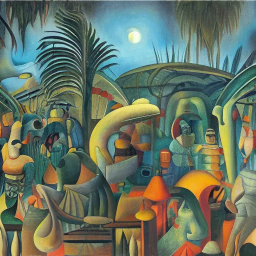 Image similar to high quality, high detail painting, dutch masterpiece, isamu noguchi, film noir, diego rivera, high garden scene with quetzalcoatl at night, hd, muted lighting