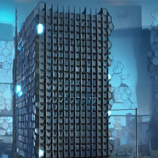 Image similar to a flat building existing of hexagons from the movie tron : legacy