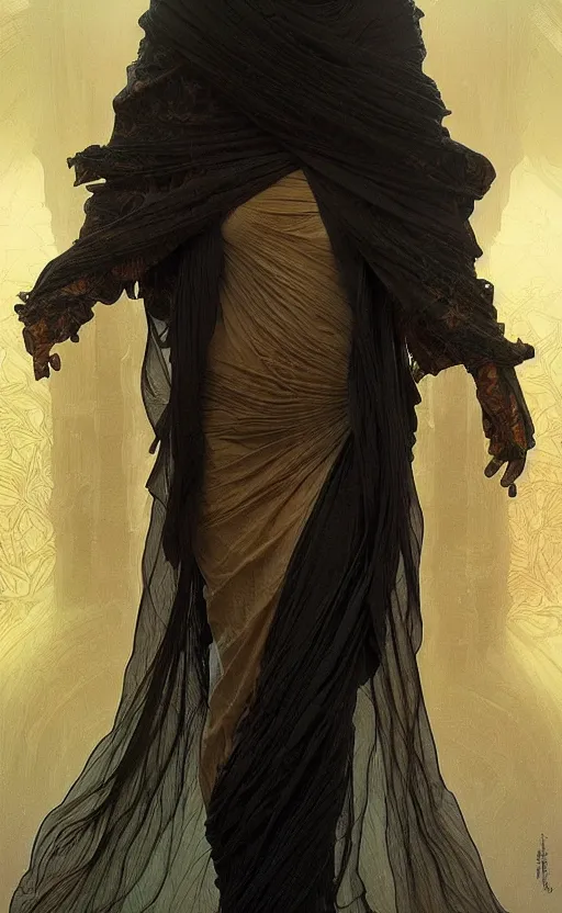 Image similar to Headless creature wearing a black robe, it's head has been replaced by a fractal singularity of shifting patterns. fantasy, highly detailed, digital painting, artstation, concept art, smooth, sharp focus, illustration, art by artgerm and greg rutkowski and alphonse mucha