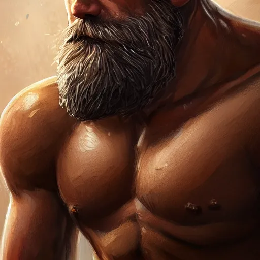 Image similar to portrait of a rugged ranger, muscular, upper body, hairy torso, detaileddetaileddetailed handshandshandshands, D&D, fantasy, barebarebarebare thighsthighsthighs intricate, elegant, highly detailed, digital painting, artstation, concept art, smooth, sharp focus, illustration, art by wlop