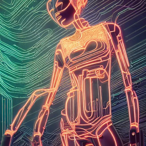 Image similar to a beautiful body of a bot pilot woman mostly made of wires and electronic circuits led luminous, an ultrafine detailed illustration by james jean, final fantasy, intricate linework, bright colors, behance contest winner, vanitas, angular, altermodern, unreal engine 5 highly rendered, global illumination, radiant light, detailed and intricate environment