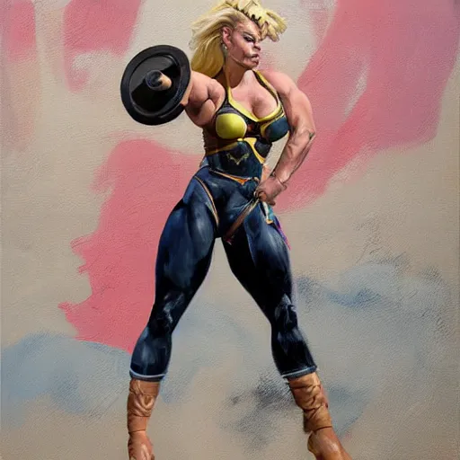 Image similar to greg manchess portrait of margot robbie as very happy thick female bodybuilder zarya from overwatch in disco elysium, epic grimdark, fantasy, medium shot, asymmetrical, profile picture, organic painting, sunny day, matte painting, bold shapes, hard edges, street art, trending on artstation, by huang guangjian and gil elvgren and sachin teng