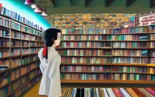 Prompt: a girl in a record store, art by hayao miyazaki, studio ghibli film, wide shot, hi res, 4k