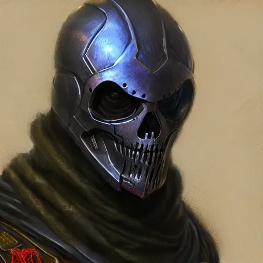 Prompt: the doomslayer as a realistic d & d fantasy cultist, closeup portrait art by donato giancola and greg rutkowski, vintage retro, realistic face, digital art, trending on artstation, skull mask, symmetry!!