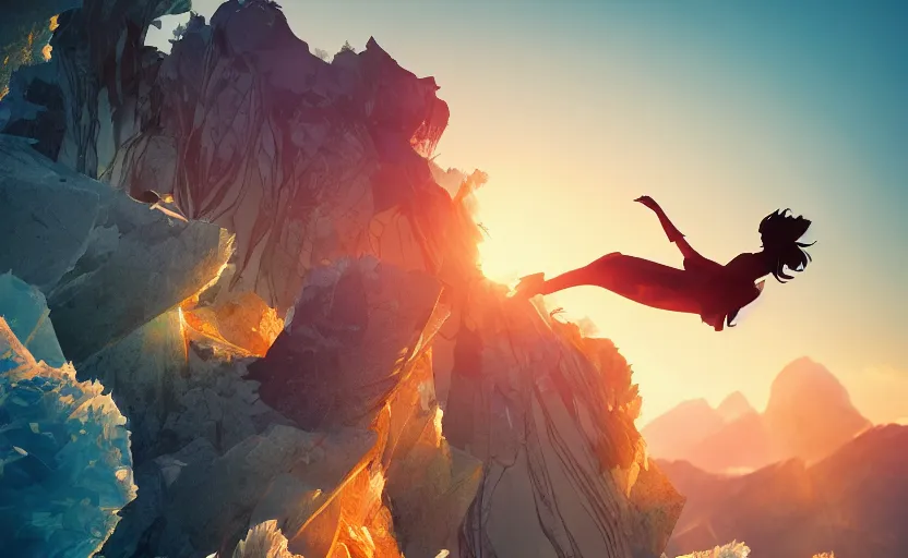 Image similar to Himalayan in a crystallized temple, beautiful flowing fabric, sunset, dramatic angle, dynamic pose, 8k hdr pixiv dslr photo by Makoto Shinkai ilya kuvshinov and Wojtek Fus